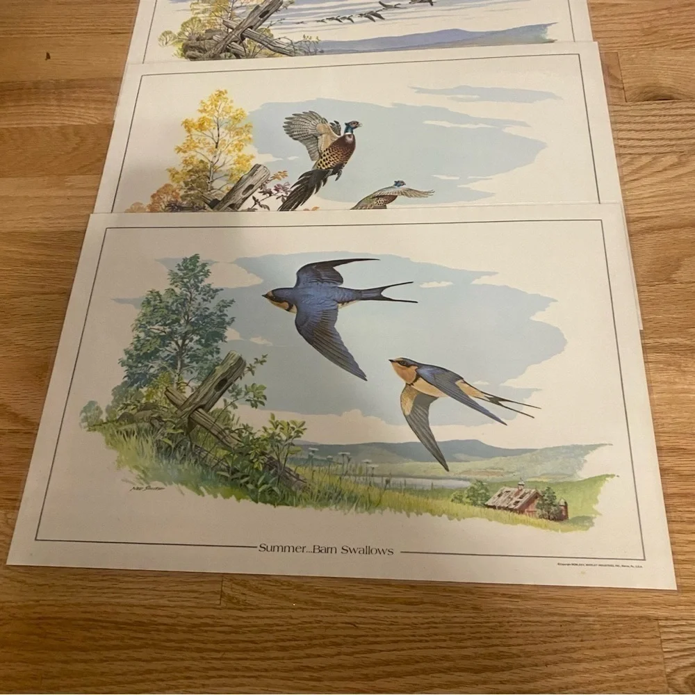 Vintage Whirley 1975 Placemats Four Seasons on the Farm Whitetail Deer Birds 4